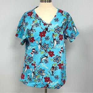 Dr Seuss Cat In The Hat Scrub Top Size Large Blue Scrubs Nurse Uniform Cotton